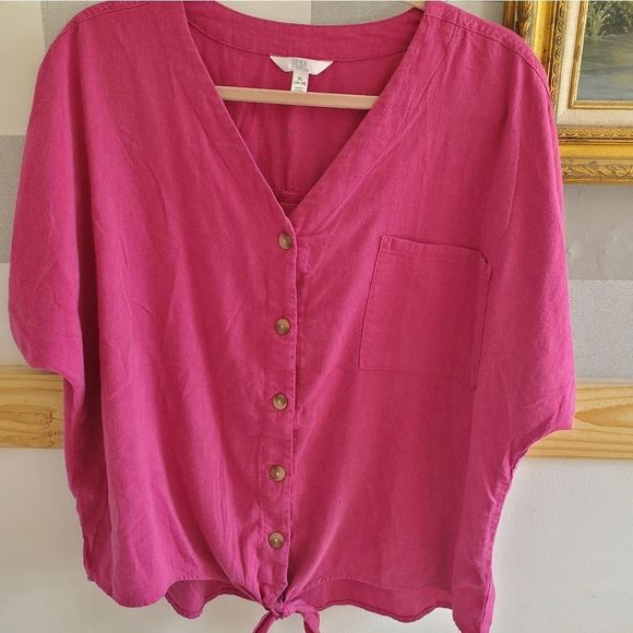 Pink linen blend button up tie short sleeve shirt - Picture 1 of 6
